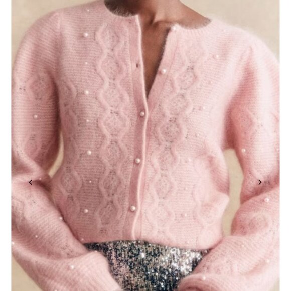 NWT Sezane Nattie Cardigan Size L Powder Pink pearls bust38 in - Picture 1 of 7